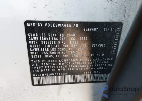 2021 Volkswagen Id.4 Pro from USA, damaged, VIN WVGRMPE20MP031286